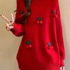 3D Cherry Decoration Women's Sweater Round Collar Solid Color Long Sleeved Pullover Korean Version Autumn New Style Loose Female Top