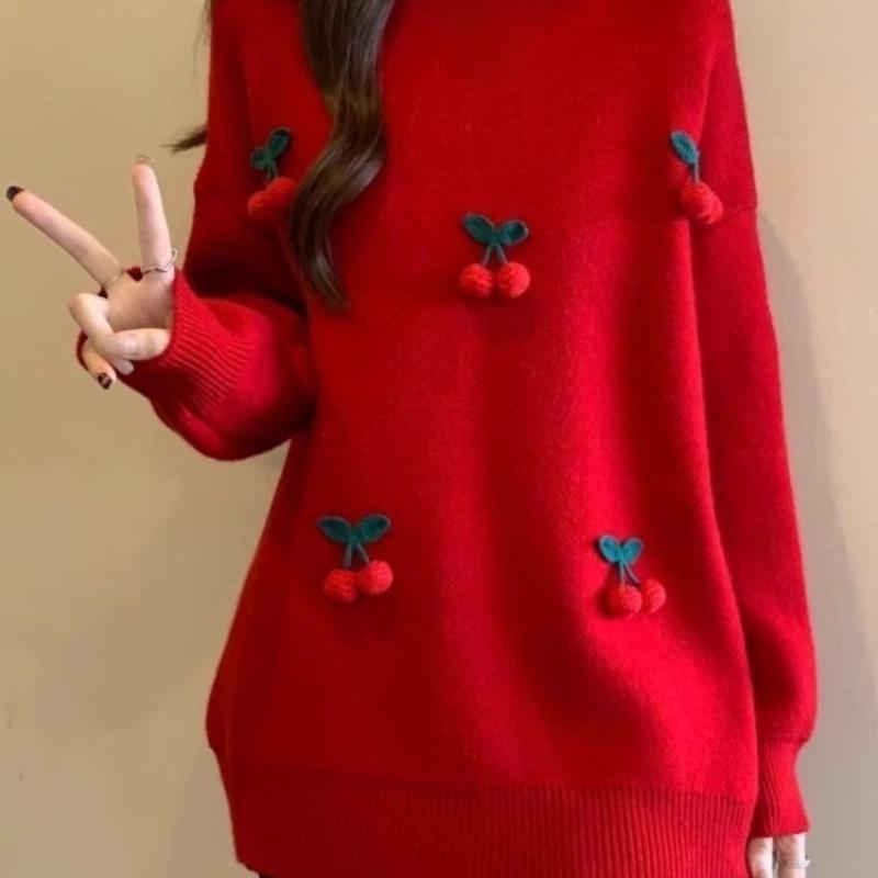 3D Cherry Decoration Women's Sweater Round Collar Solid Color Long Sleeved Pullover Korean Version Autumn New Style Loose Female Top