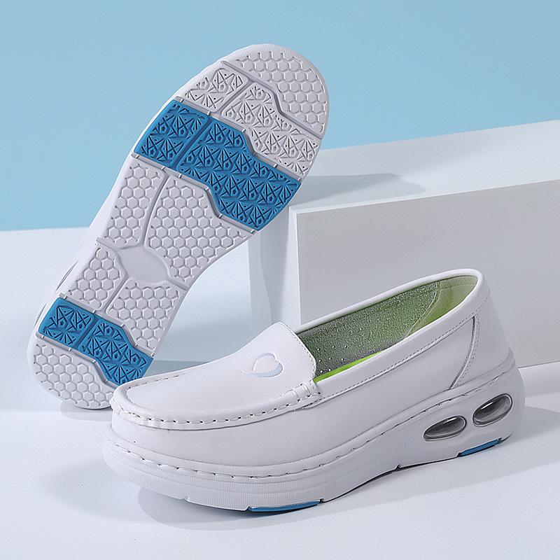 Fashion Women Genuine Leather Wedges Casual Shoes Loafers Soft Nurse Work Shoes Breathable Comfortable Non-slip White Nursing Shoes