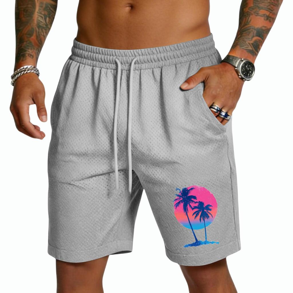 Men’s Drawstring Waist Casual Shorts with Elastic and Tree Print Lightweight Breathable Material for Everyday Wear