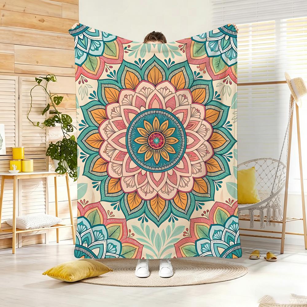 Colorful Mandala Theme Throw Blanket - Fashion Floral Art Printed Cozy Soft Bed Blankets For Living Room Sofa Decor