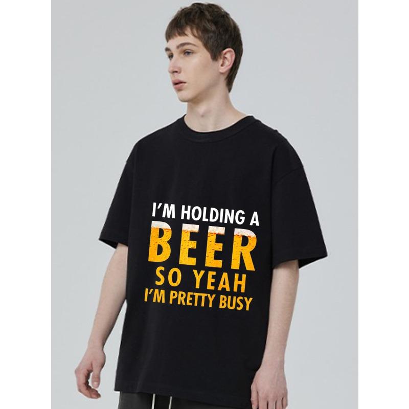 Black T Shirt with Beer Text Print for Casual Wear