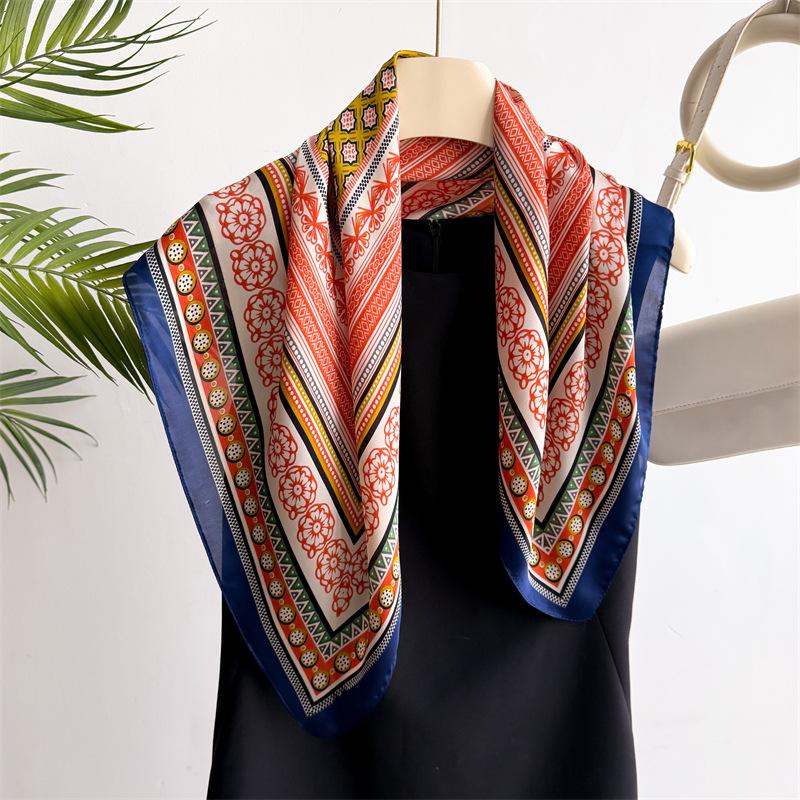 New European American Retro 70cm Small Square Scarf Simulated Silk Spring Summer Printed Professional
