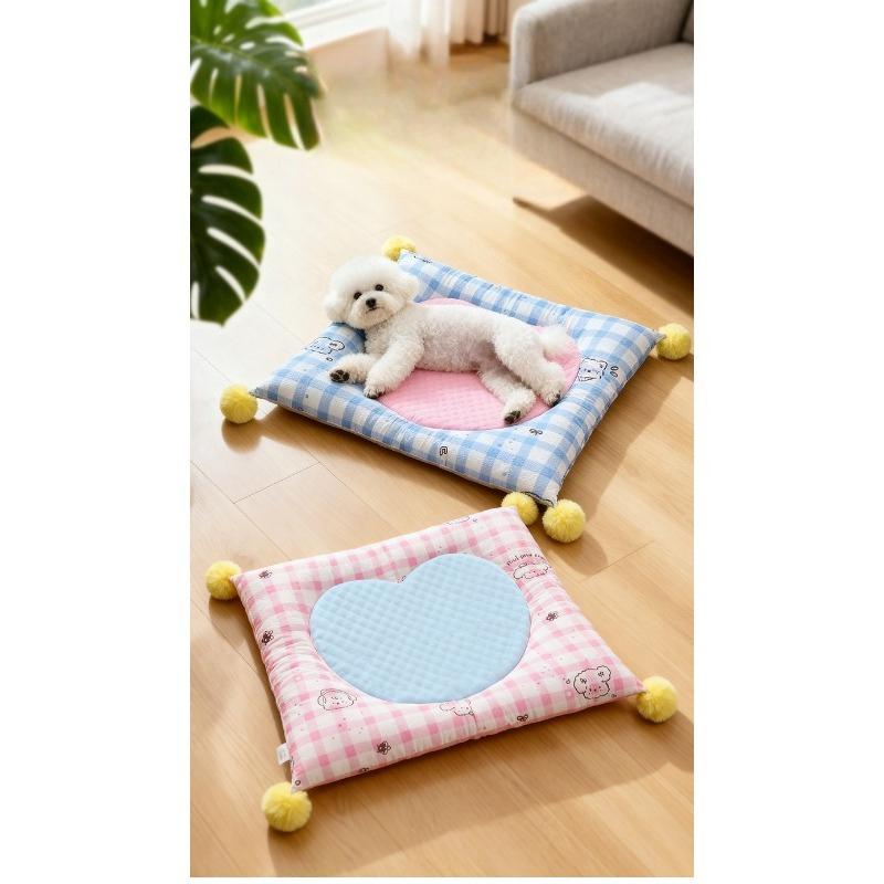 Square Pet Mat Four‑sided Bolster Cushion Plaid Pom‑pom Decor Soft Cooling Sleeping Pad for Small Dogs Cats