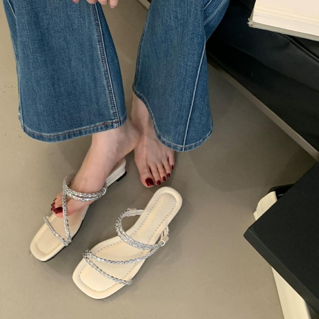 Temperament Slope Heel French Small Cool Slippers Fairy Shoes 2025 New Summer Fashion Two Wear Rhinestone Strap Sandals