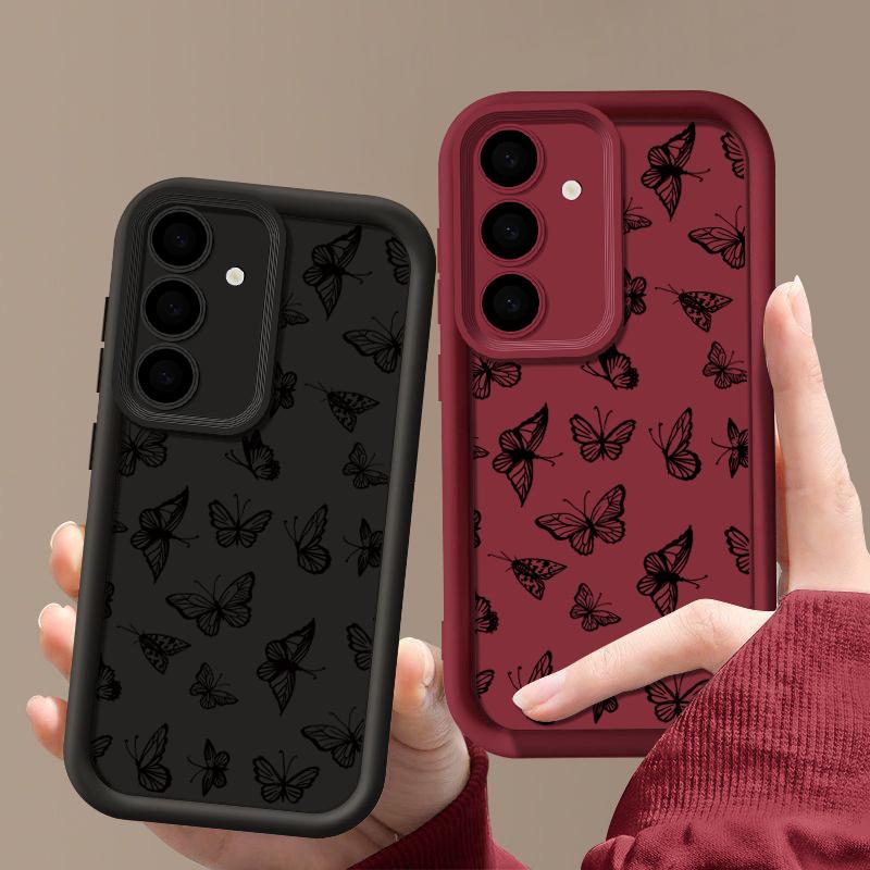 Black Butterfly Print Protection Phone Case Samsung S25 S24 FE S23 Plus S22 S21 Ultra A55 A54 A53 A52 A35 A34 A14 Triecienizturīgs matēts mīksts vāks