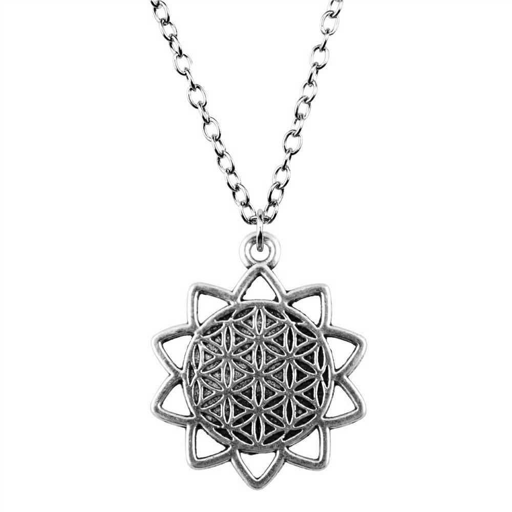 Vintage Rose Flower Charm Necklace Tree Of Life Pendant Antique Jewelry 43cm Chain