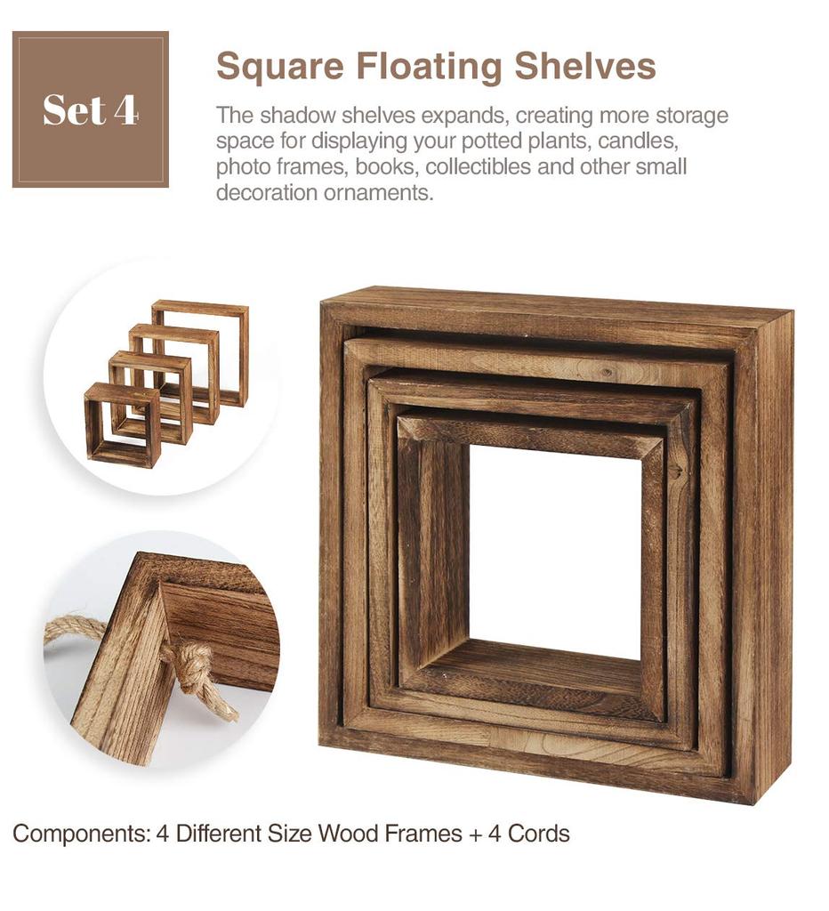 Rustic Wood Squre Shelves Wall Mounted Home Decorative Cube Display Shelf Shadow Boxes Set of 4 for Living Room Bedroom Office