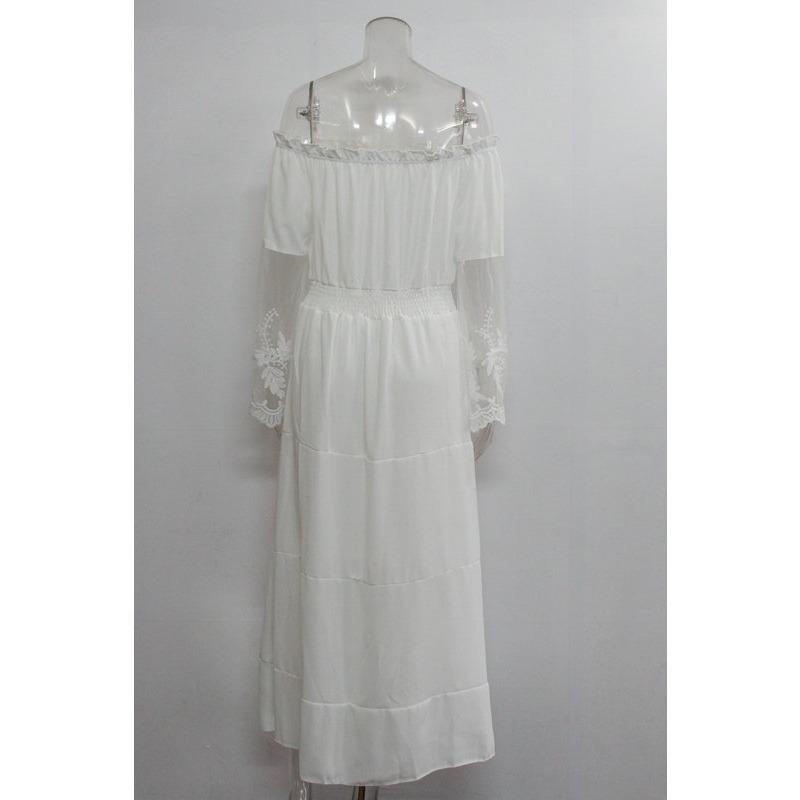 Women's White Chiffon Lace Jacquard Off-Shoulder Evening Gown - Elegant Long Dress for Wedding & Formal Events