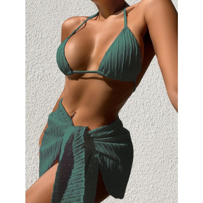 

Новый купальник без спинки сексуальный однотонный бикини сет из трех предметов с сетчатой юбкой XL оливковое зеленый