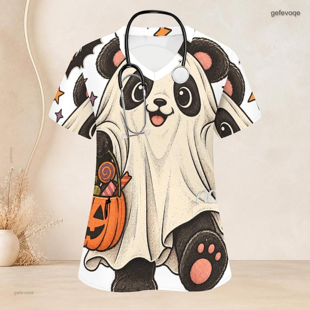 Women Plus Size V Neck Short Sleeve Scrub Top Halloween Camper Van Campfire Bat Pumpkin Print Nurse Uniform Top