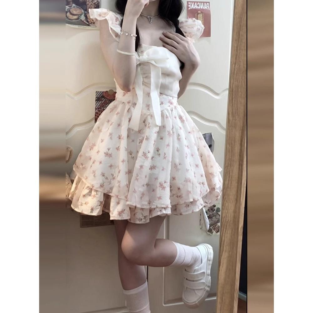 Sweet little flying sleeve bow dress female summer princess puffy skirt waist small short skirt