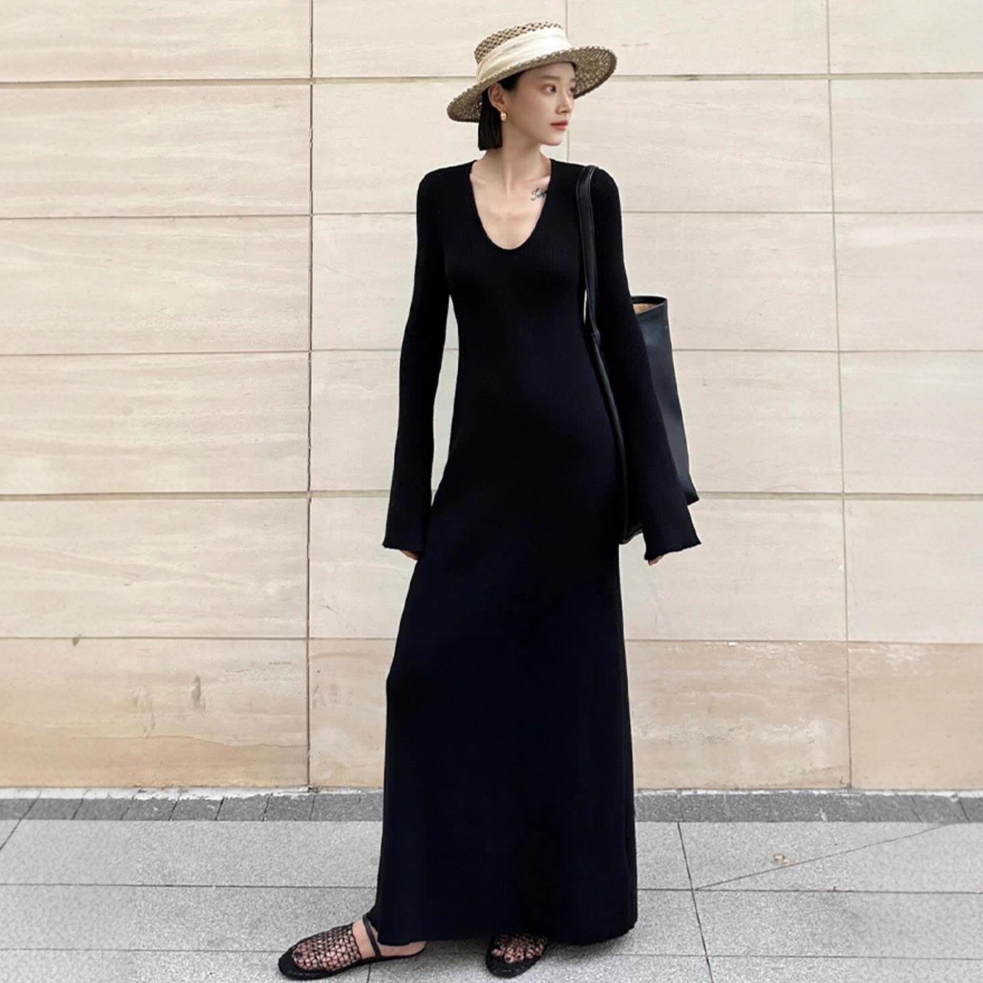 

Women s Fashionable Slim Fit Black Knit Dress - 2025 Autumn/Winter Pure Desire Style, Over-the-Knee Long Dress Small чёрный