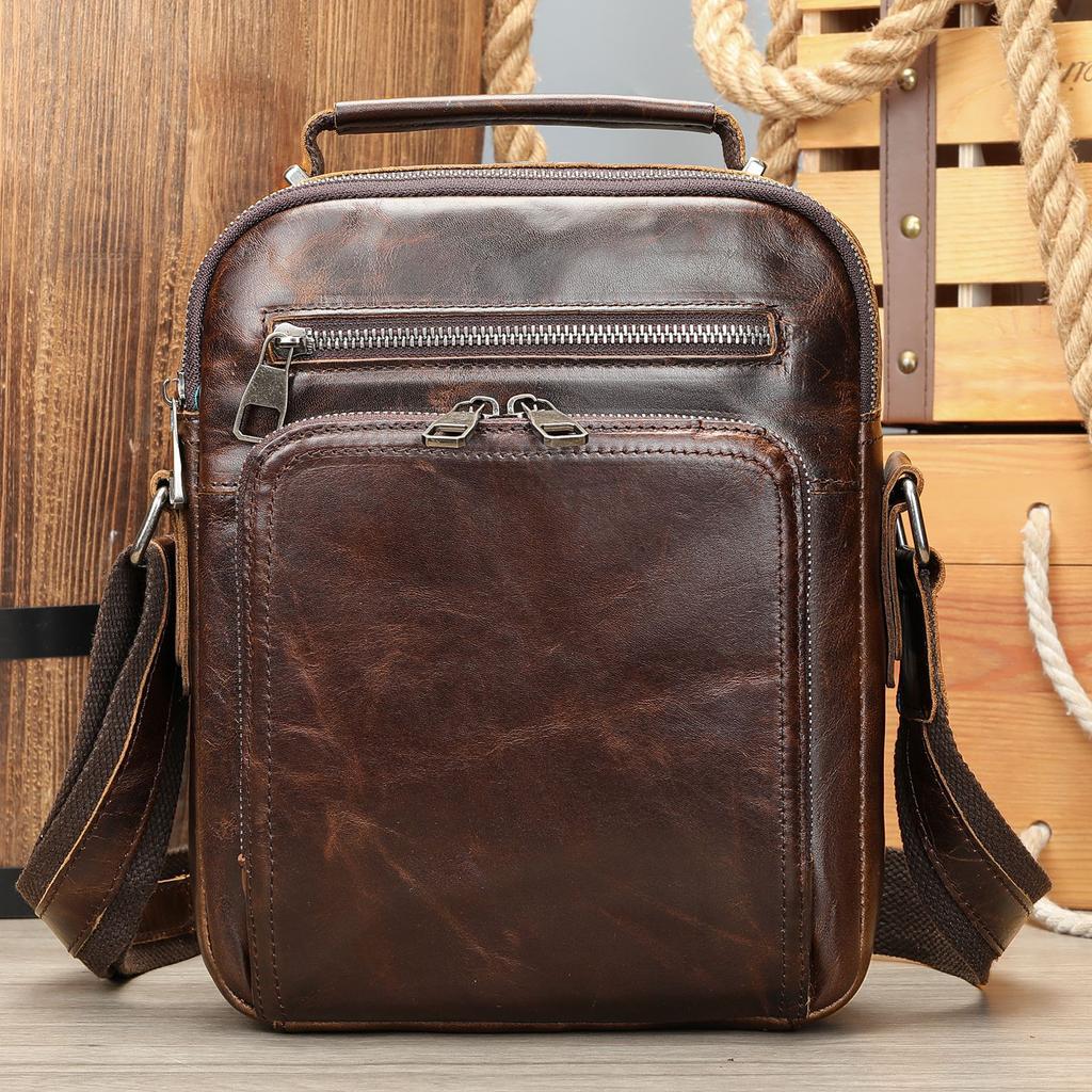 Genuine Leather Large Capacity Shoulder Crossbody Bag Vintage Crazy Horse Leather Shoulder Bag Multifunctional Cowhide Crossbody Bag