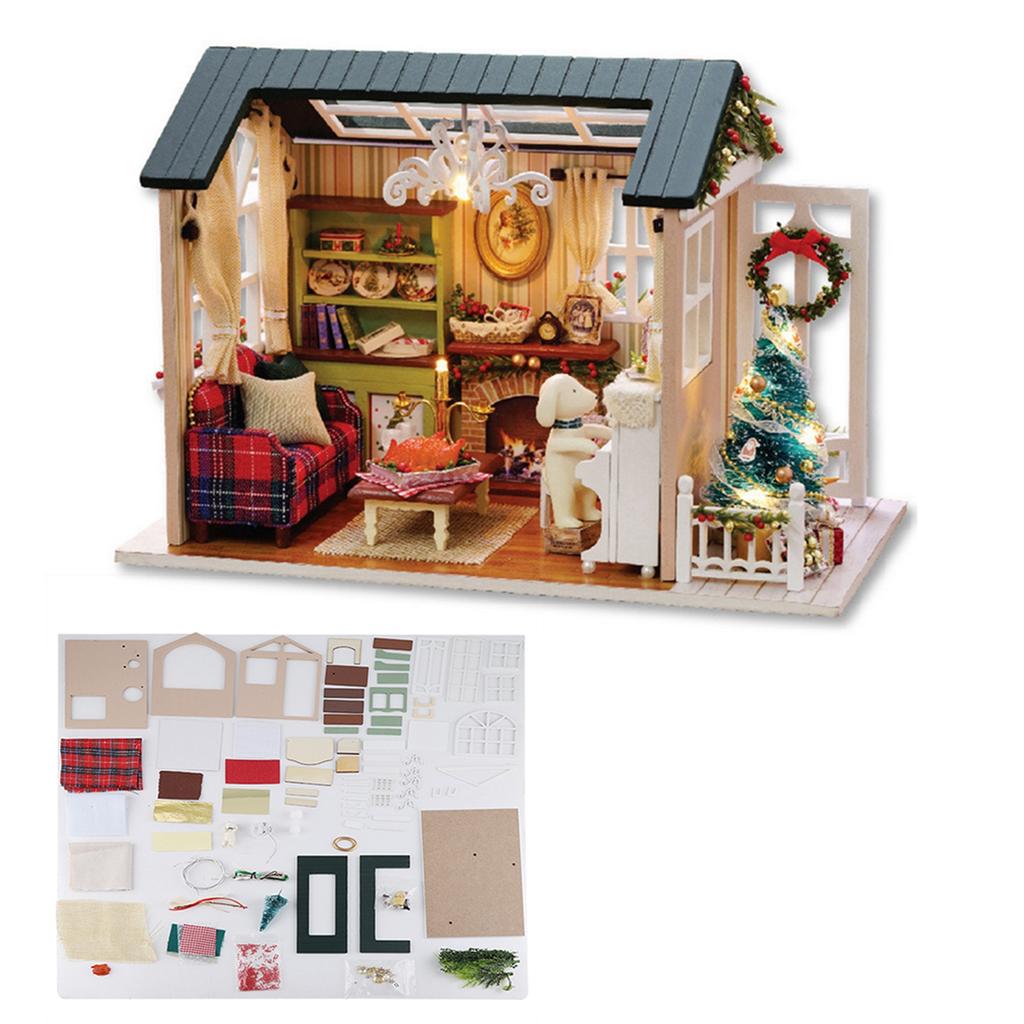 Miniature Wooden House Model with LED Light, Retro   Furniture Handcraft Kit for Developing