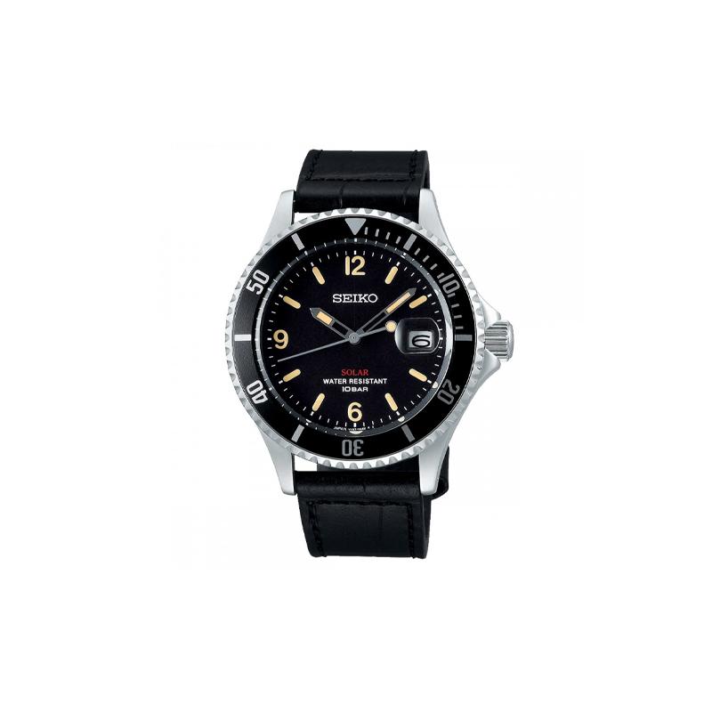 SEIKO SOLAR series 100 meters waterproof solar Quartz leather strap same style for men and women black dial SZEV013