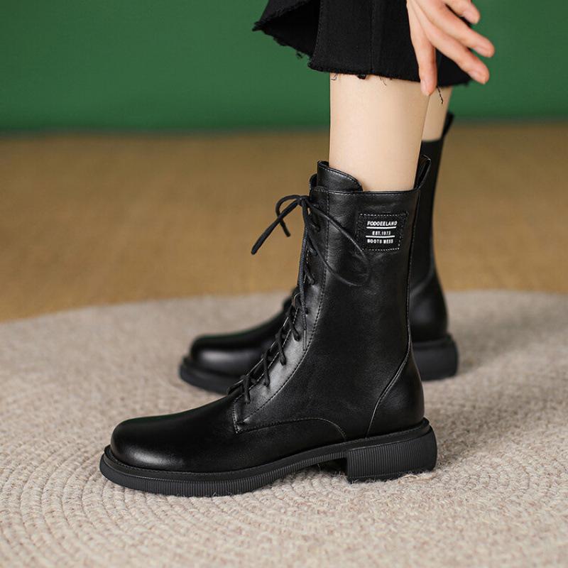 Autumn and winter Korean version of Martin boots side zipper middle heel women's boots round head rubber sole large size leather boots new medium boot