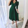 2024 Women's Solid Color Pleated Waist Three-quarter Sleeve Swing Dress