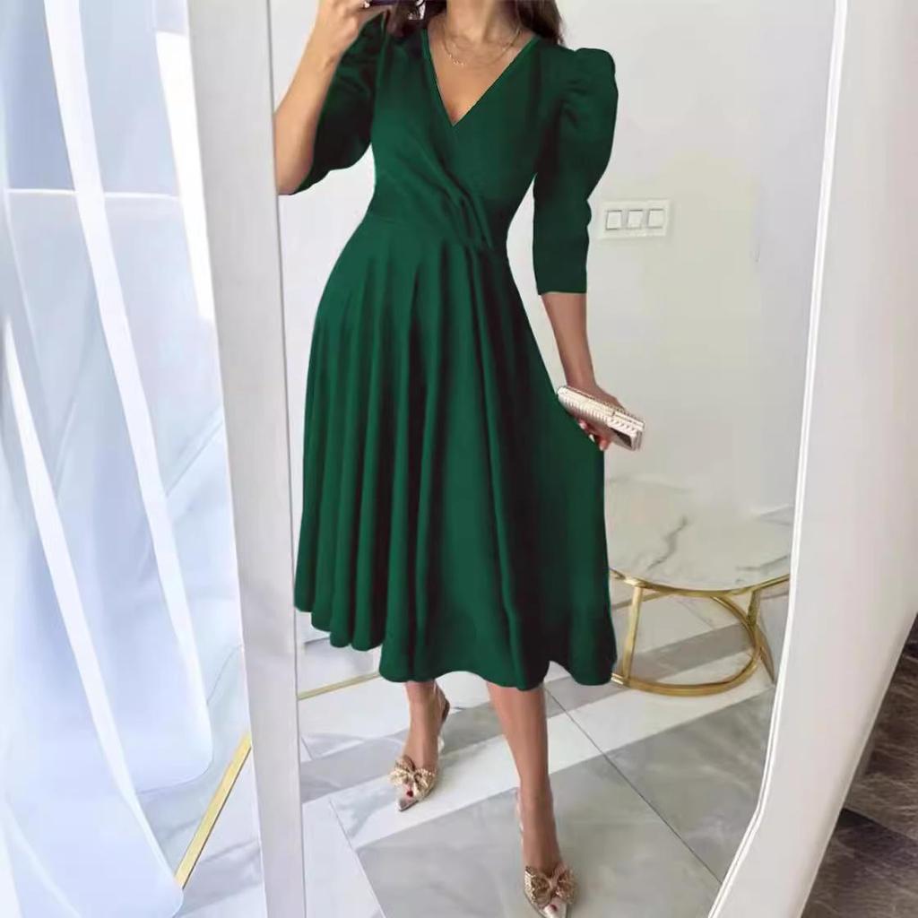 2024 Women's Solid Color Pleated Waist Three-quarter Sleeve Swing Dress