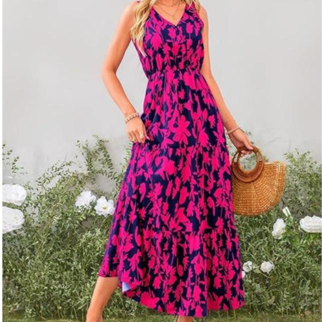 

VEZFAA Женская мода Лето Весна Цветочный узор Принт Без рукавов V-образный вырез Повседневные платья XXL красный