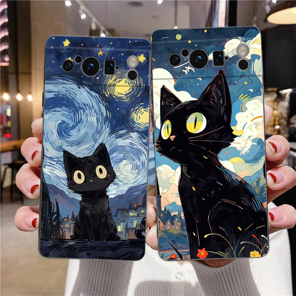 Phone Case For Google Pixel 8 A 7 6 Pro 6A 5G Black Soft Shockproof Back Cover Silicone TPU Shell Coque Cat-Printed