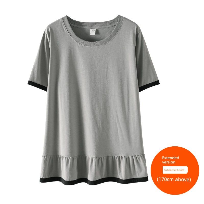 

Plus size women clothing [Cool T] Three Clothes Length Ice Porcelain Cotton round Neck Casual Patchwork Contrast Color Frill Short sleeve T-shirt Extreme Gray (above 170cm) 6XL