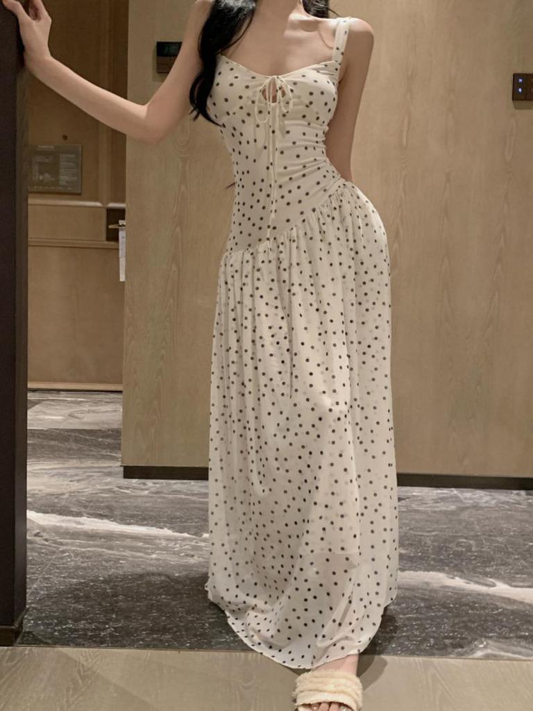 French High Waist Polka Dot Spaghetti Strap Maxi Dress for Women: A-line Summer Beach Vacation Style