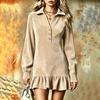 Women's Stylish Velvet V-Neck Button Long Sleeve Dress with Sleeves and Ruffle Hem