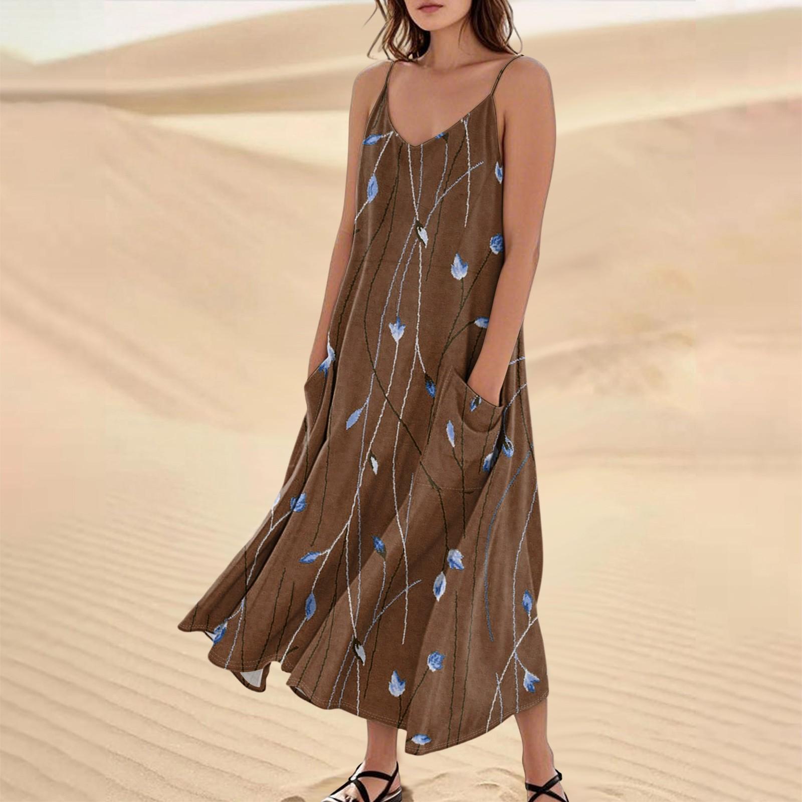 

Женское летнее платье, повседневные свободные длинные пляжные платья для отдыха XXL светло-коричневого
