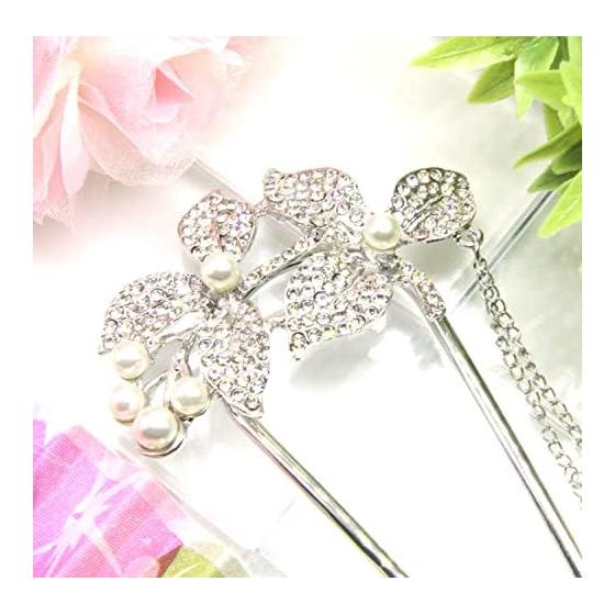 Miaomyao U-Shaped Hairpin for Traditional Japanese Outfits and Yukata, Elegant Pearl and Cubic Zirconia Lemon Leaf Design, Antique Silver Metal Hair
