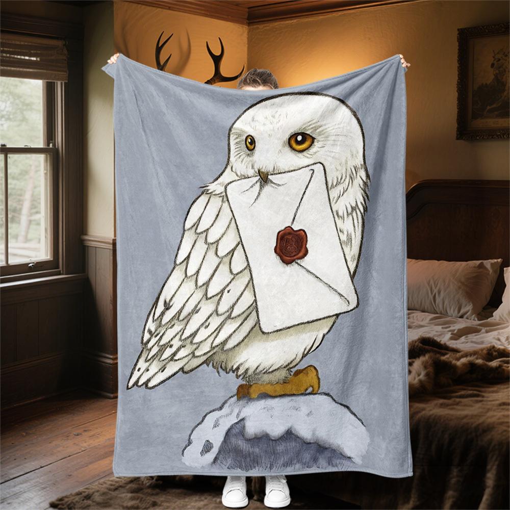 1pc Snowy Owl Envelope Wax Seal Outdoor Flannel Throw Blanket All Season Soft Warmth,Home Decor 1031153