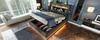 Cama individual tapizada de 90x200 cm, Cabecero con puertos USB tipo C, Iluminación LED en cabecero y piecero, Almacenamiento hidráulico, Gris, Lino (Sin colchón)
