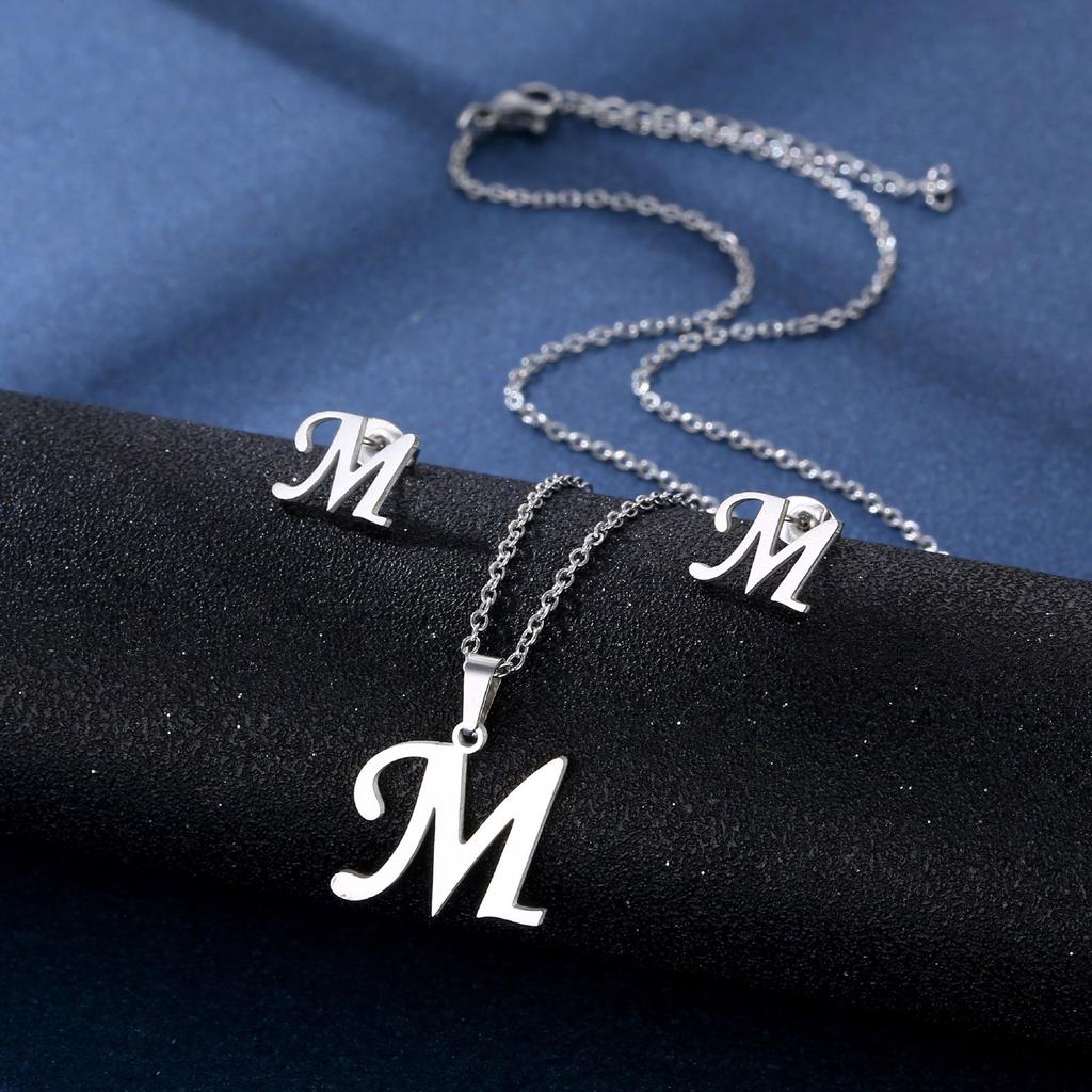 Stainless Steel Letter Pendant Necklace Unisex Jewelry Set Letter Earrings Party Accessory Present for Fashion Lover