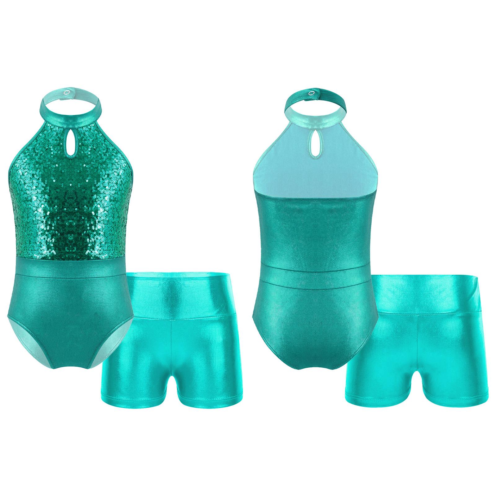 

2 шт. Діти, дівчата, гімнастичні купальники без рукавів з паєтками, гімнастичні трико, балетні танцювальні боді з шортами 13-14 Years озеро зелений колір
