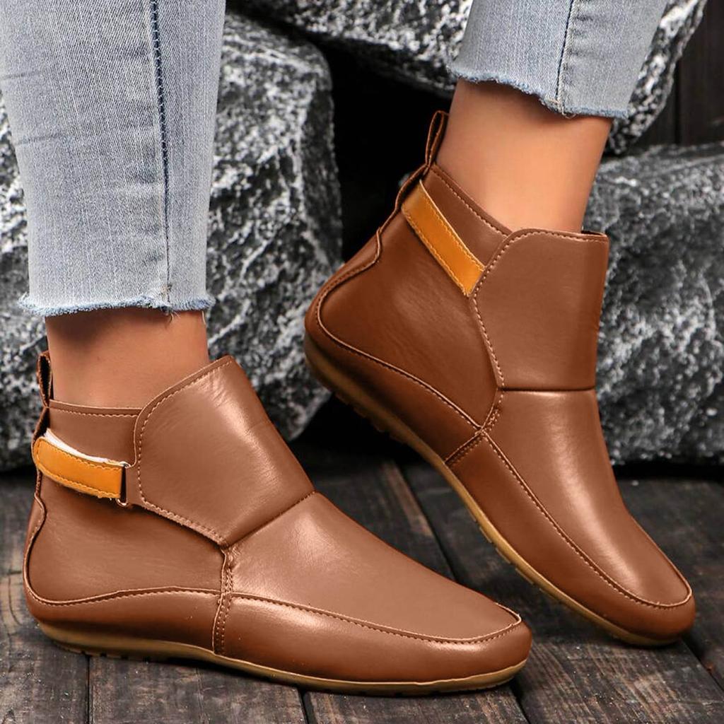 Women's Short Shoes Fashion Casual Flat Solid Color Leather Outerwear Ankle Boots Flat Boots for Women Toe