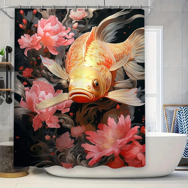

Luxury Golden Fish Peony Shower Curtain Extra Long Waterproof Bath Decor For Home Living Room Pink Floral Print Wall Hanging W60H190(CM)-1 Pcs