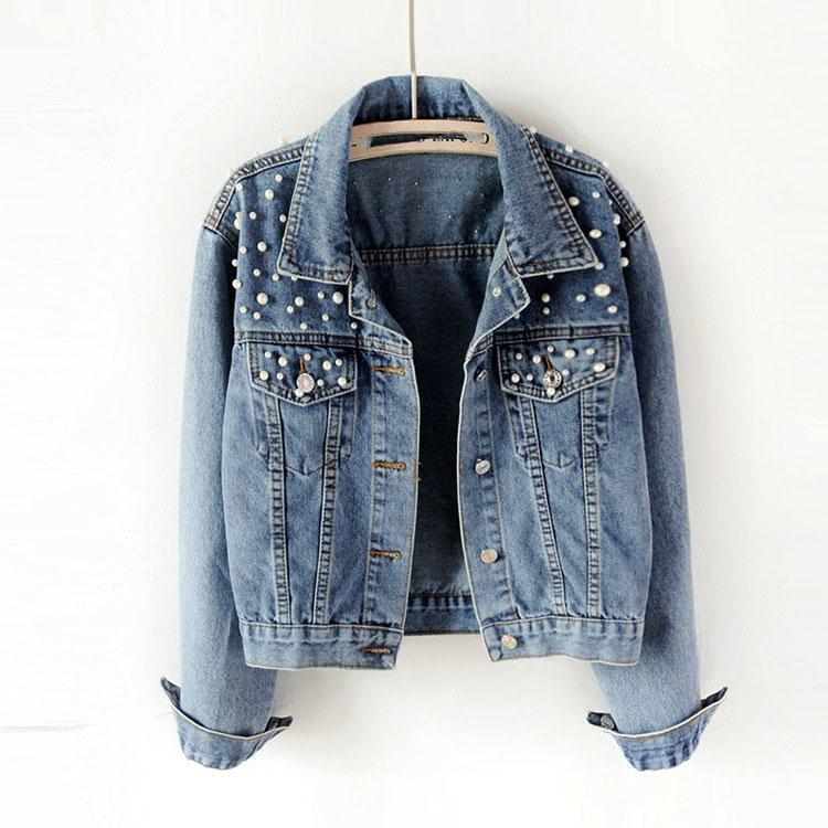 Women's Short Denim Jacket Beaded Pearl Jacket Loose Spring and Autumn Denim Jacket