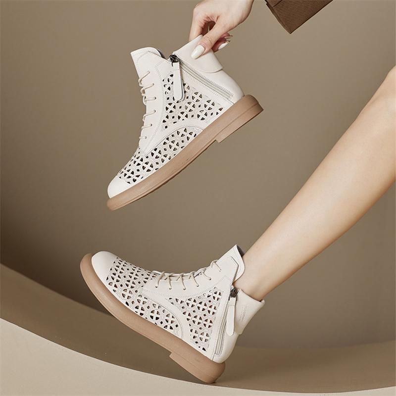 Fashion GKTINOO Women's Boots Sneakers Hollow Out Fashion Genuine Leather Shoes For Women 2025 New Spring Breathable Flat Ankle Boots