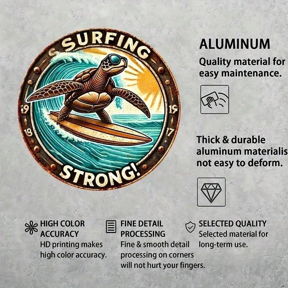 8 Inch Retro Metal Tin Sign Surfing Sea Turtle Vintage Round Wall Art Decor Living Room Beach House