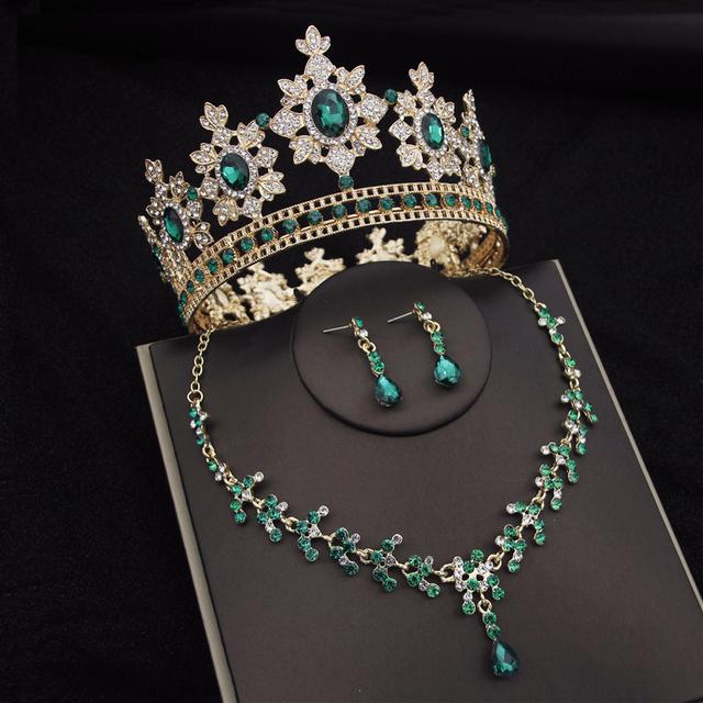 

Наборы свадебных украшений с цветами в стиле барокко и кристаллами для женщин, модные диадемы с короной, серьги и ожерелье, комплект невесты, выпускного вечера, Дубай, комплекты ювелирных изделий зелёный