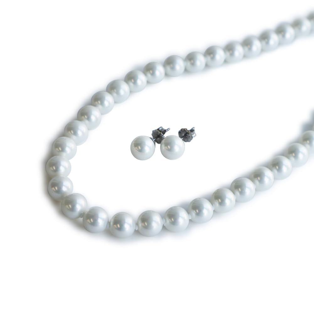 

[Your and My Jewelry Box] White Pearl Necklace & Earrings Set, 45cm, White ColorMother-of-Pearl Pearls, 8.0mm+ Size, Made in Japan [Free Gift