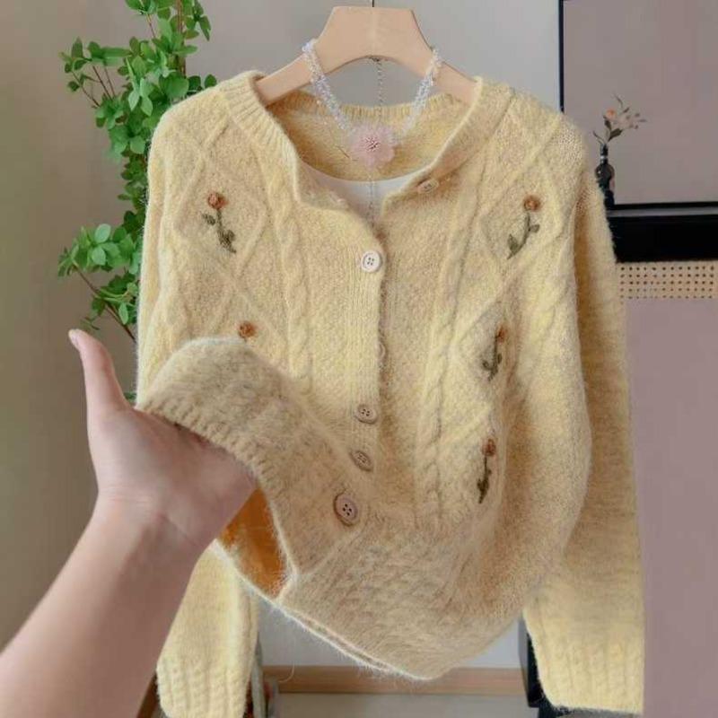Sweater Jacket Women's Knitted Cardigan Autumn Clothing New Women's Clothes Long Sleeve Crew Neck Embroidered Top