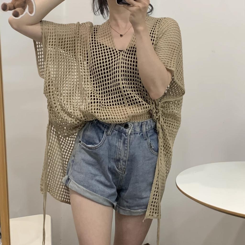 Summer Knitted Hooded Hollow Top for Women Women's Knitted Top V-neck Loose Fashion New Style