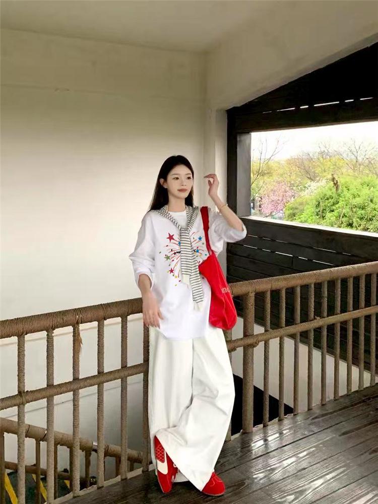 Women's Plus-Size Pure Cotton Long-Sleeve White T-Shirt - Trendy American Brand, High-Quality, Loose Fit, 2025 Autumn Collection