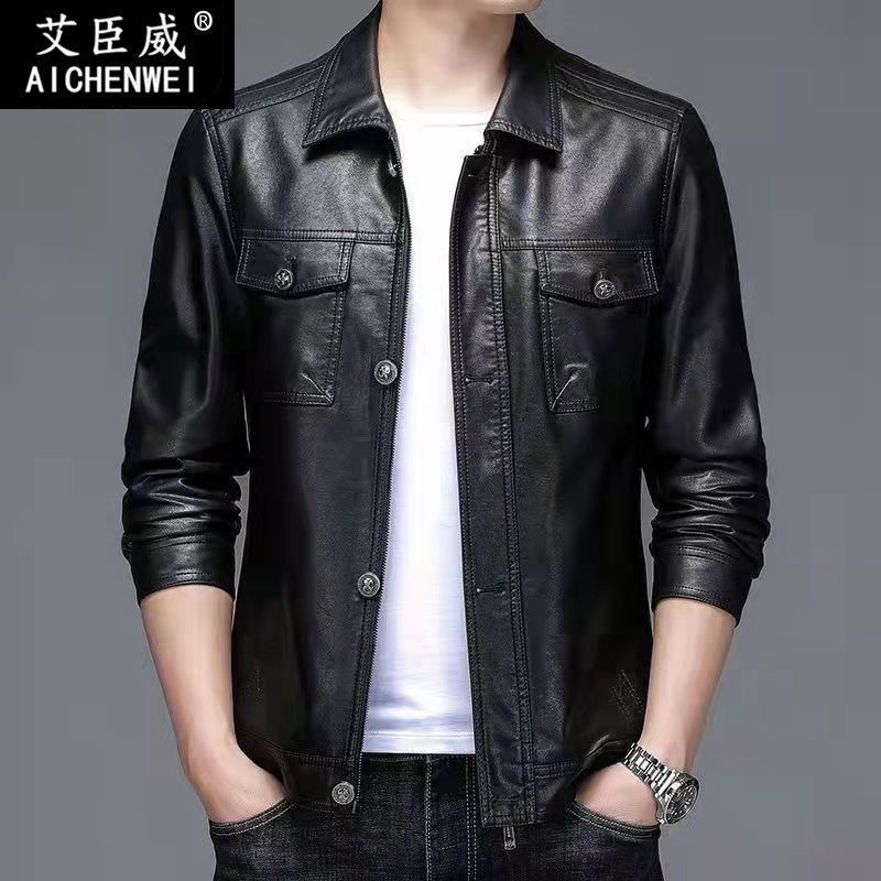 Young and middle-aged leather jacket men's locomotive clothing new loose Haining men's lapel autumn and winter sheepskin pattern leather jacket men