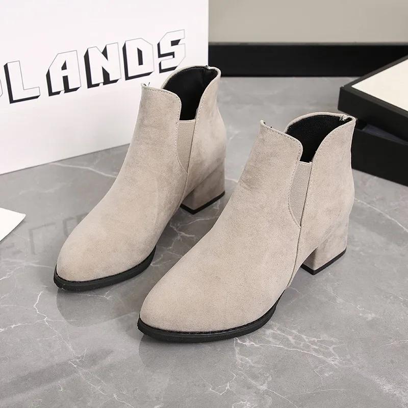 Designer Thick Heel Flock Ankle Boots for Women New Soft Soled Casual Women's High Heels Fashion Casual Chelsea Boots Female