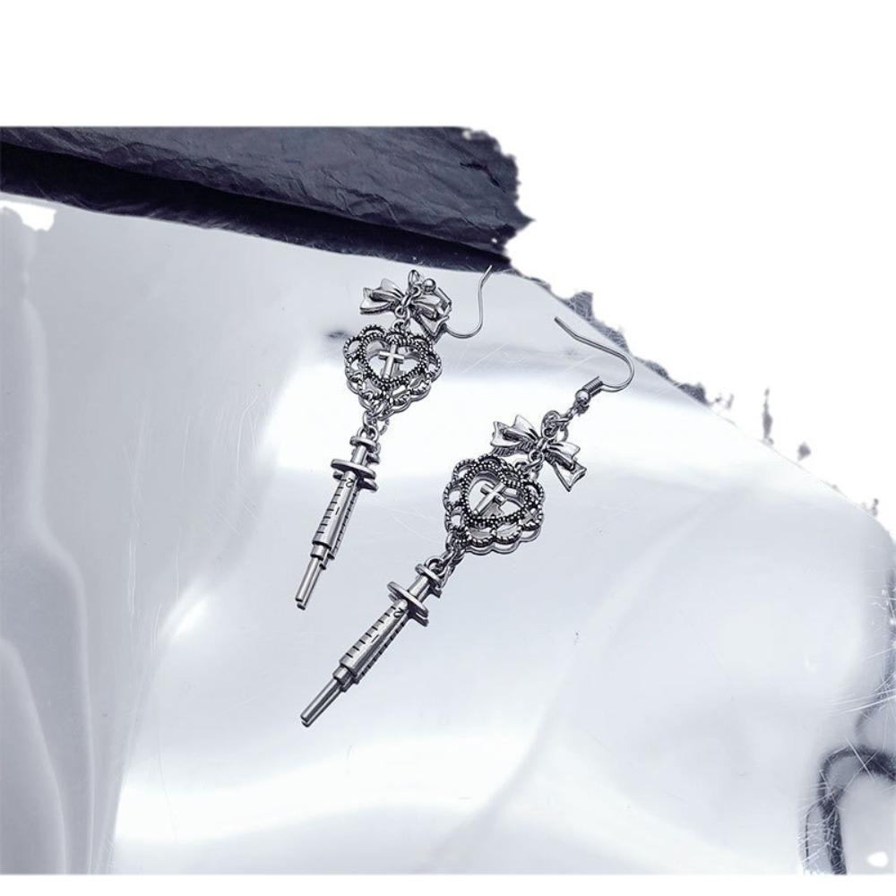 Y2K Gothic Sliver Color Baroque Heart-shaped Bowknot Injection Syringe Dangle Earrings for Women Hallowmas Charm Jewelry Gifts