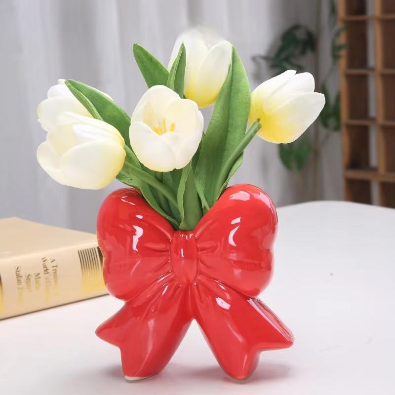 Bowknot Ceramic Vase Handmade Pottery Plant Flower Pot Floral Arrangement Display Crafts Office Decoration Home Accessories