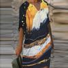 Women Summer V-neck Folk-custom Plus Size Print Loose Mid-sleeve Dress