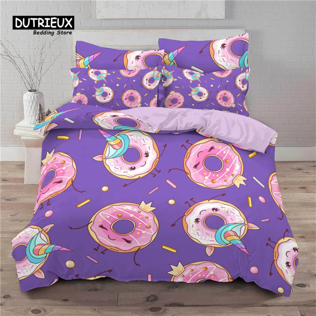 Soft Cute Donuts Duvet Cover Set Dessert Theme Bedding Set For Girls Boys Gifts Microfiber Funny Cartoon Tasty Foods Quilt Cover